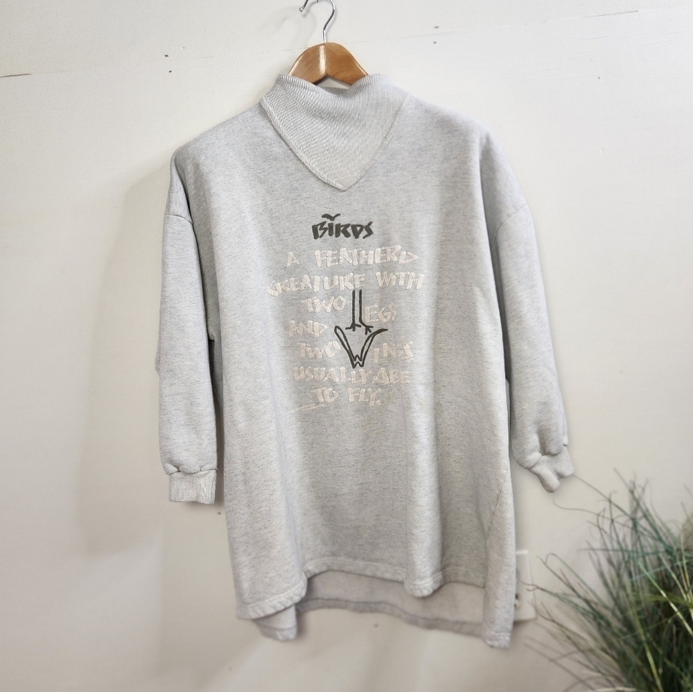 Vintage 90s Gray Birds Oversized Tunic Long Sweatshirt 1990s Preppy Graphic